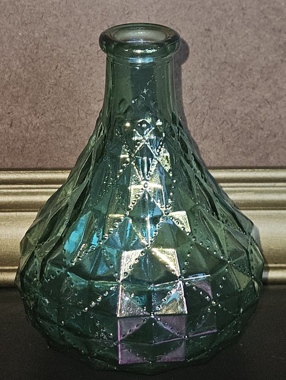 Diamond Quilted Shimmer Iridescent Teal Green Vase Genie Bottle Window Decor